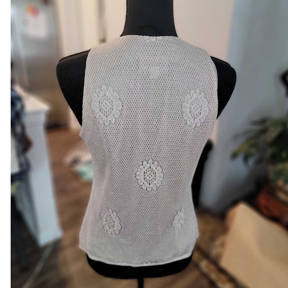 Damianou Metallic Knit Tank Top Gold Floral Mesh Sleeveless Blouse Medium USA - Picture 3 of 5